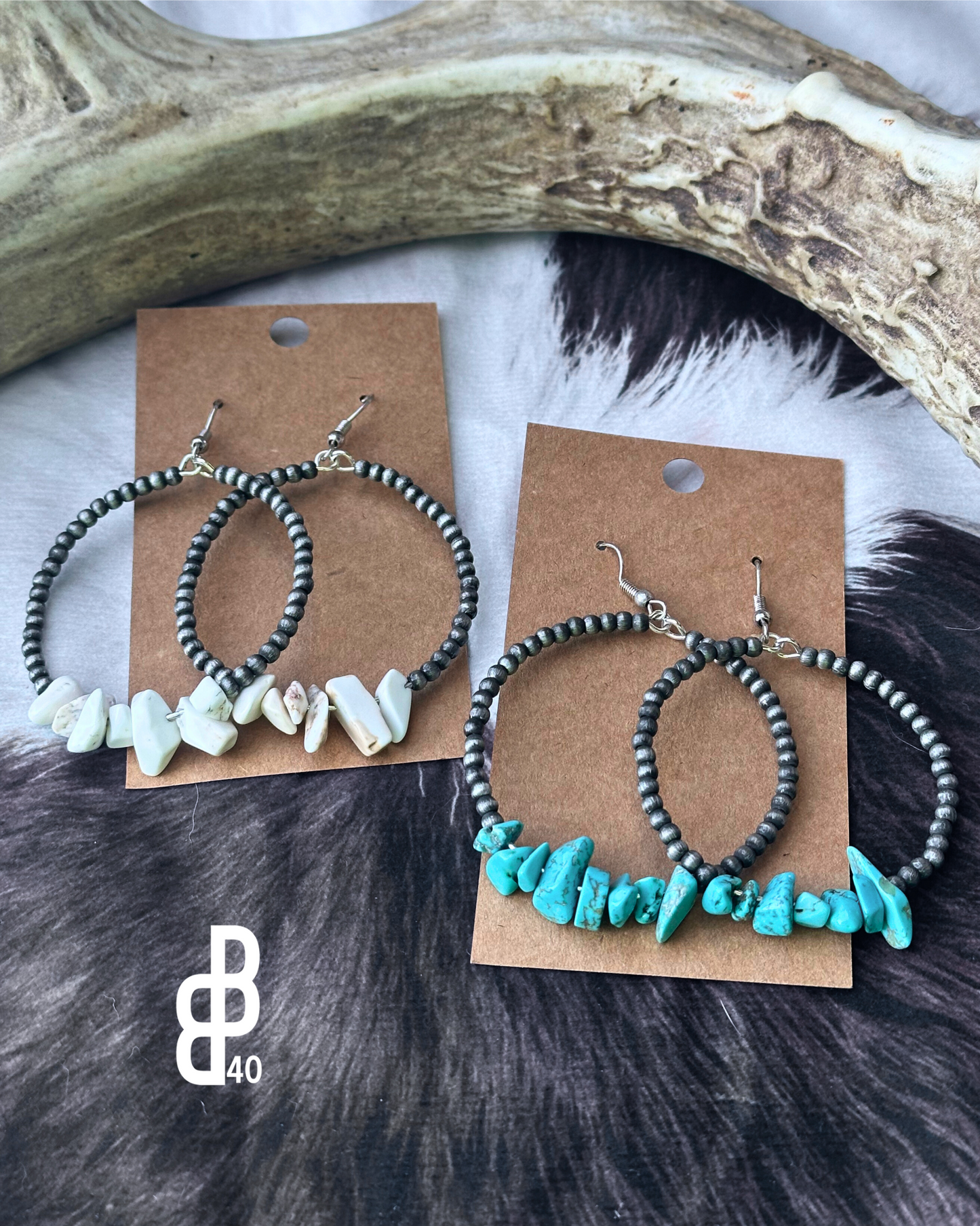 Pearl Hoop Stone Chip Earrings Western Earrings: White