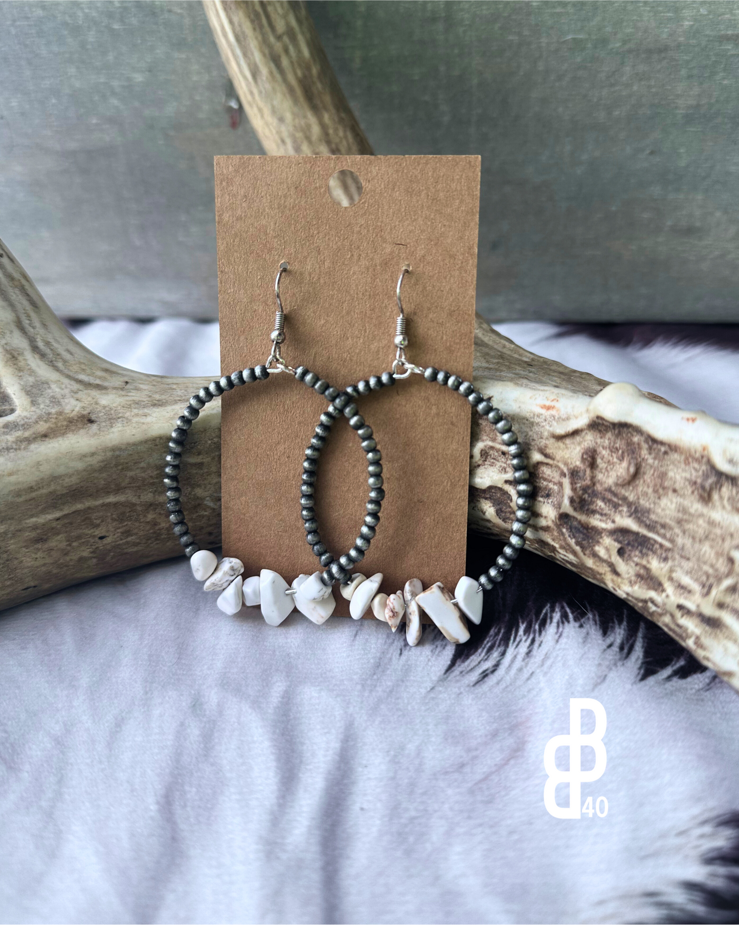Pearl Hoop Stone Chip Earrings Western Earrings: White