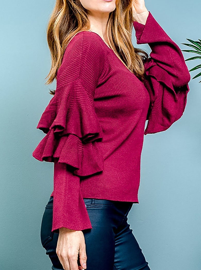 Cranberry Tiered Ruffle Long Sleeve Sweater
