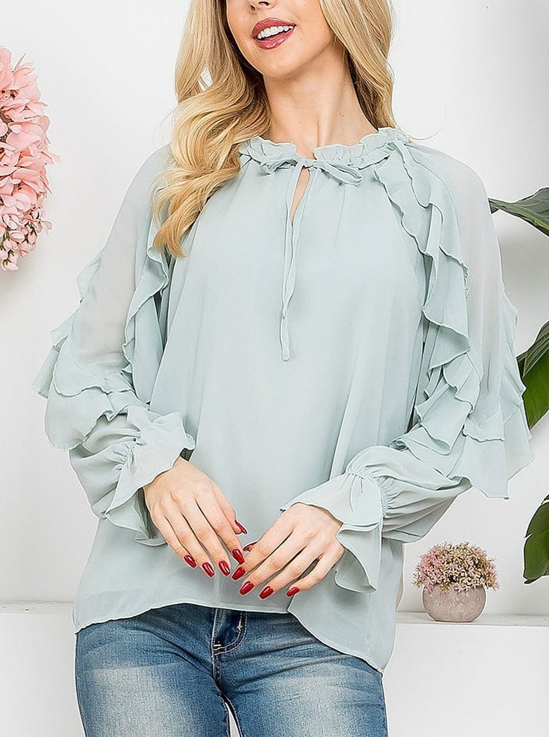 Sage Ruffle Detail Long Sleeve Blouse