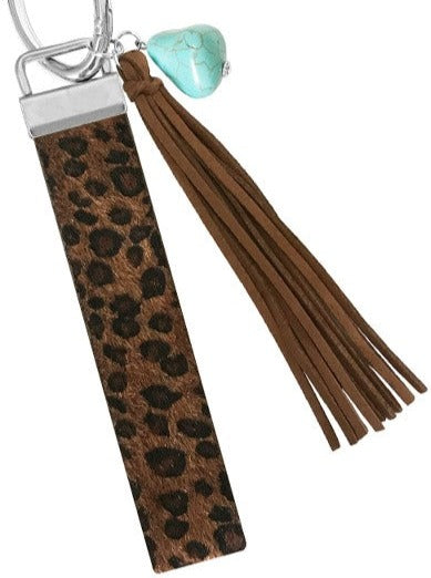 Leopard Print Leather Keychain With Turquoise Charm