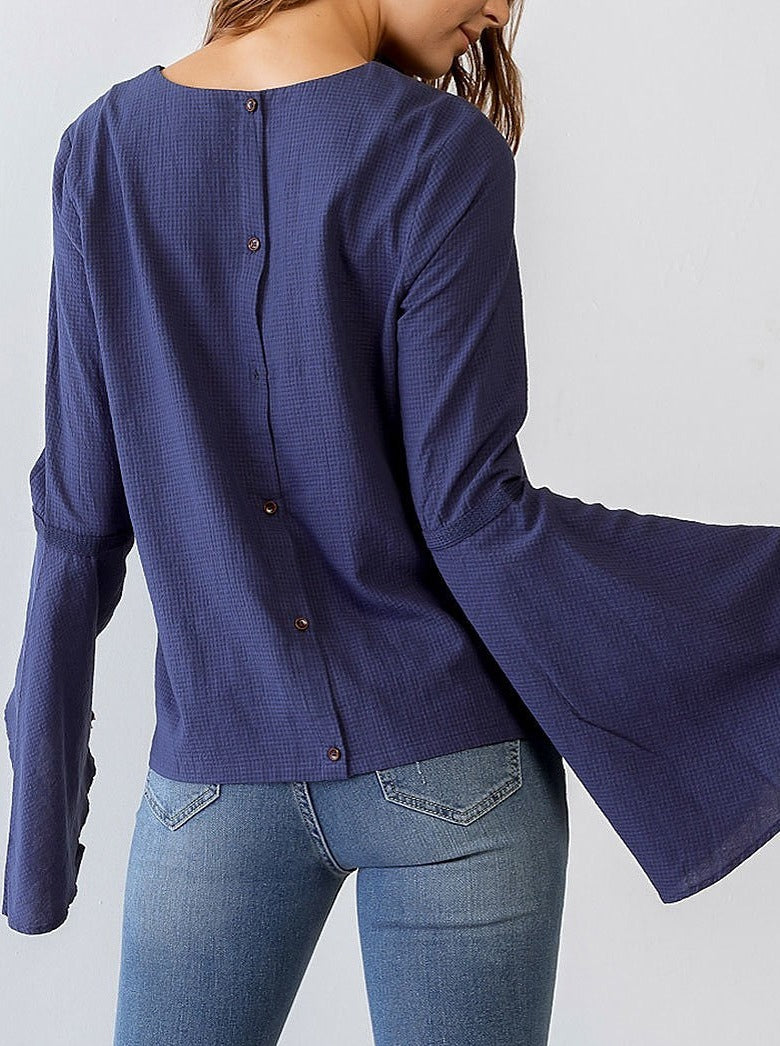 Navy Waffle Knit Back Button up Bell Long Sleeve Top