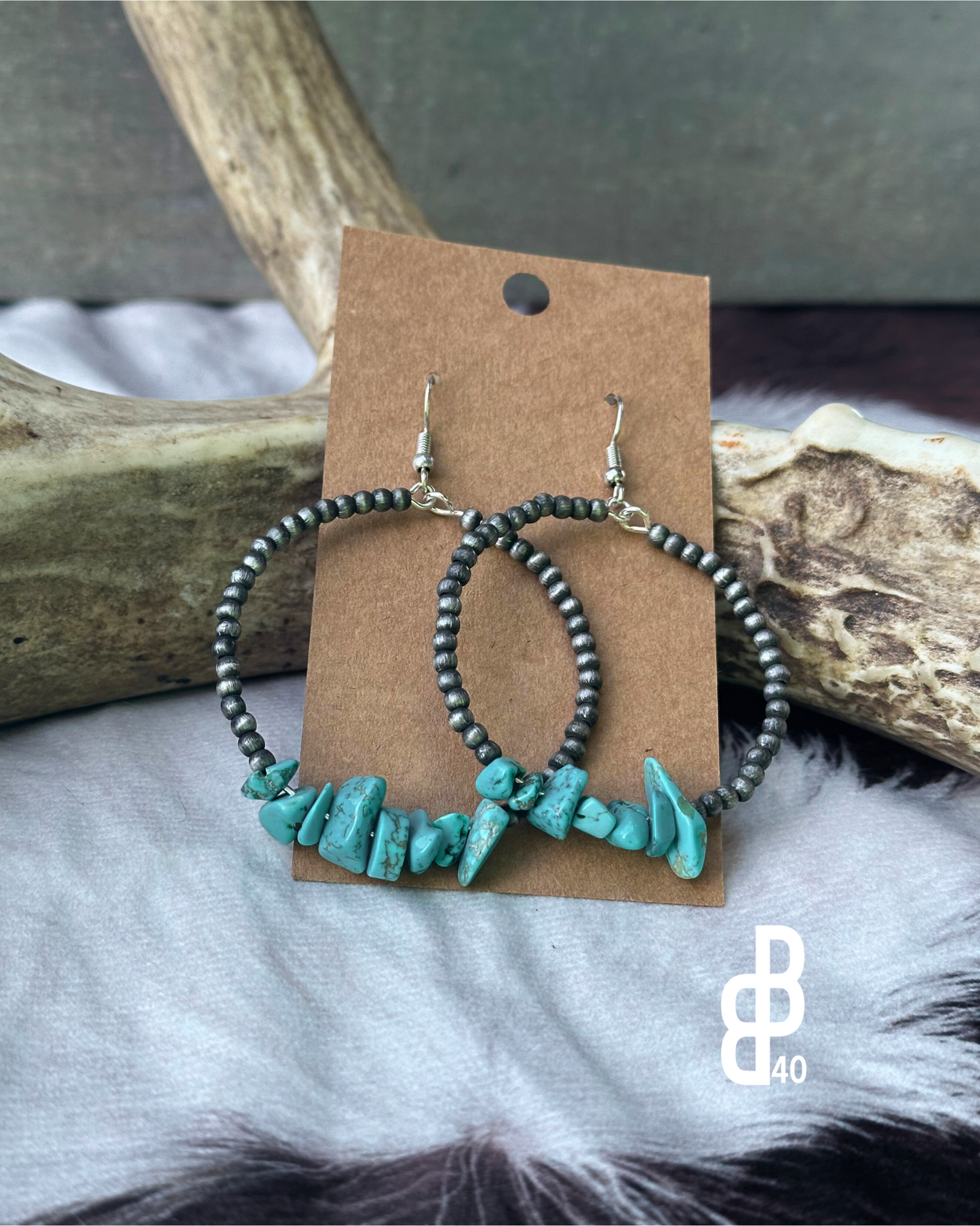 Pearl Hoop Stone Chip Earrings  Western Earrings: Turquoise