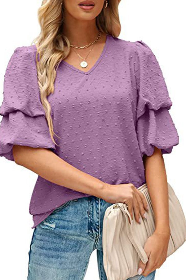 Bubble Sleeve Chiffon V-Neck Blouse