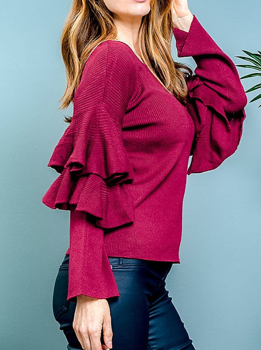 Cranberry Tiered Ruffle Long Sleeve Sweater