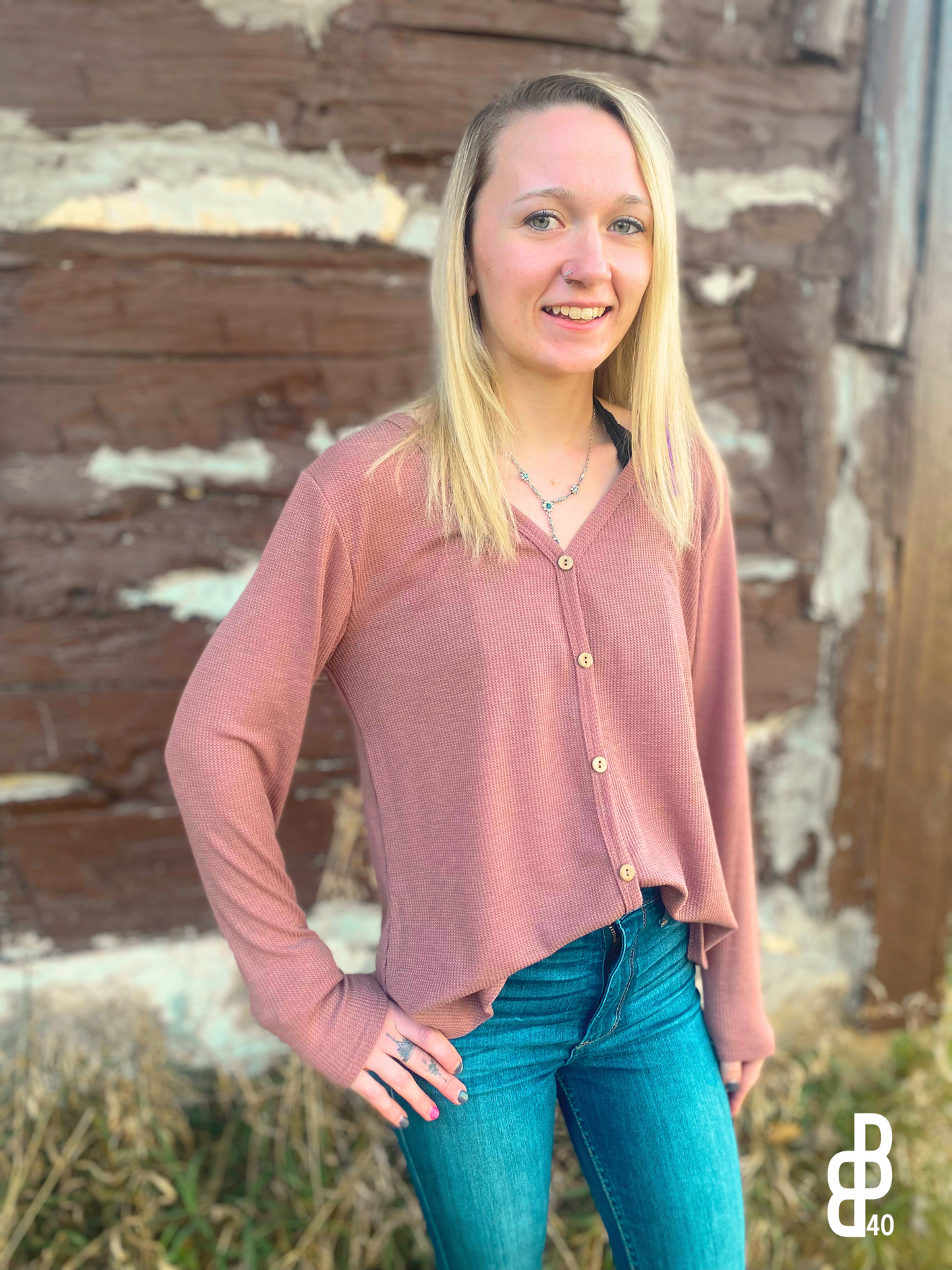 Mauve Faux Button-Up Blouse