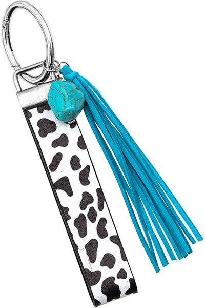 Cow Print Leather Keychain With Turquoise Charm