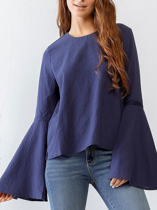 Navy Waffle Knit Back Button up Bell Long Sleeve Top