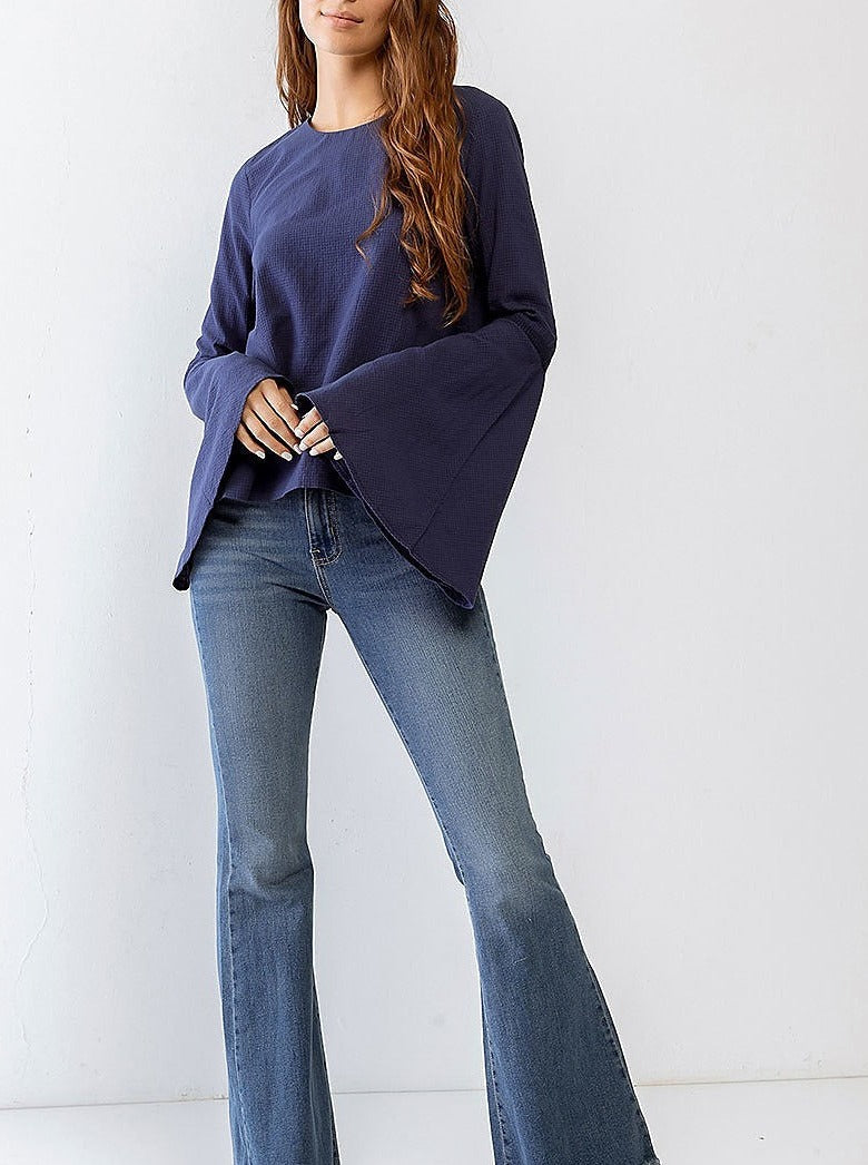 Navy Waffle Knit Back Button up Bell Long Sleeve Top