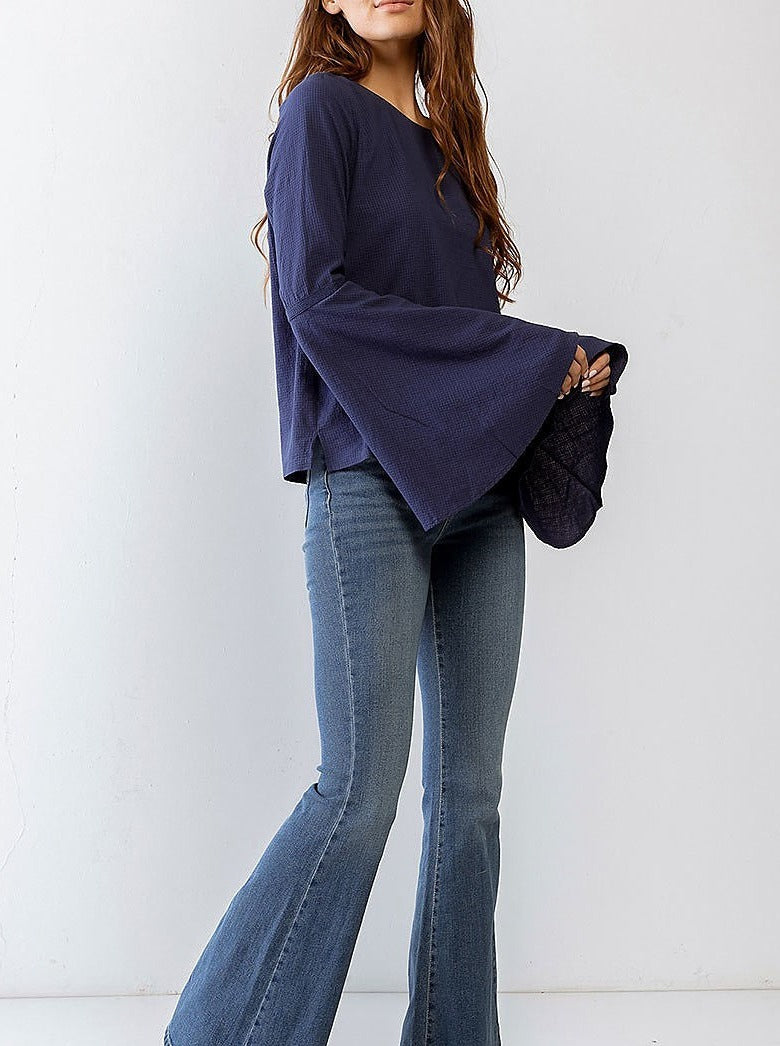 Navy Waffle Knit Back Button up Bell Long Sleeve Top