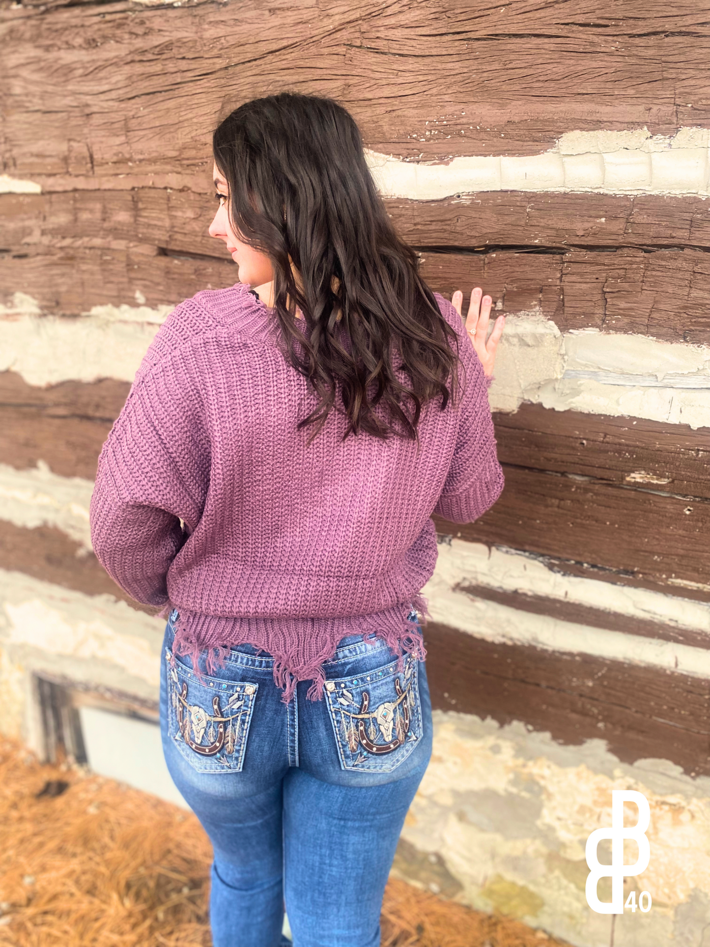 Lavender Frayed V-Neck Sweater