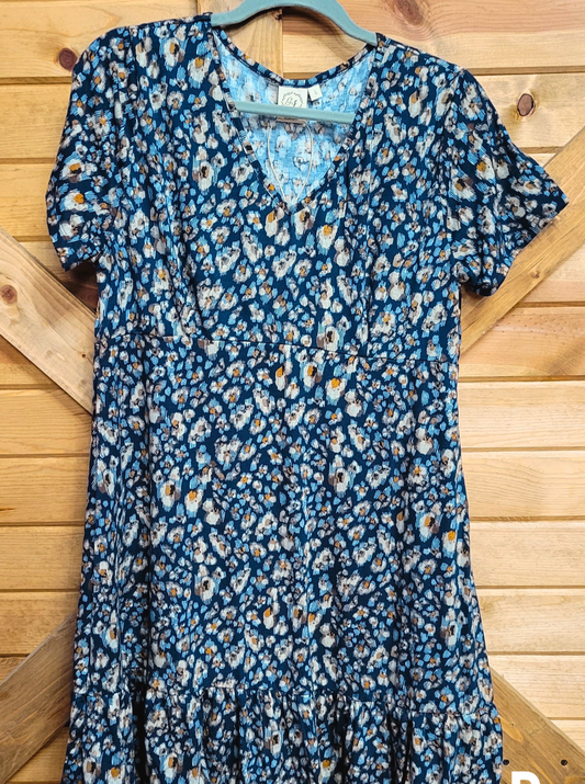 Navy Leopard Tiered Short Sleeve Dress