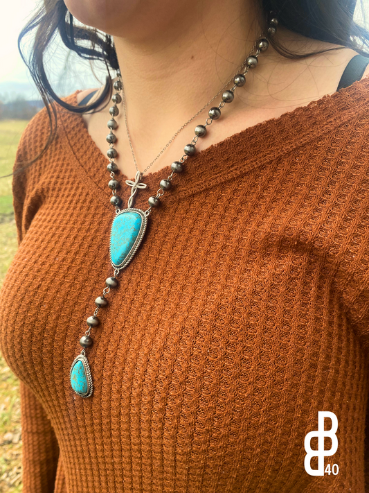 Turquoise Y-shape Lariat Necklace With Navajo Pearls