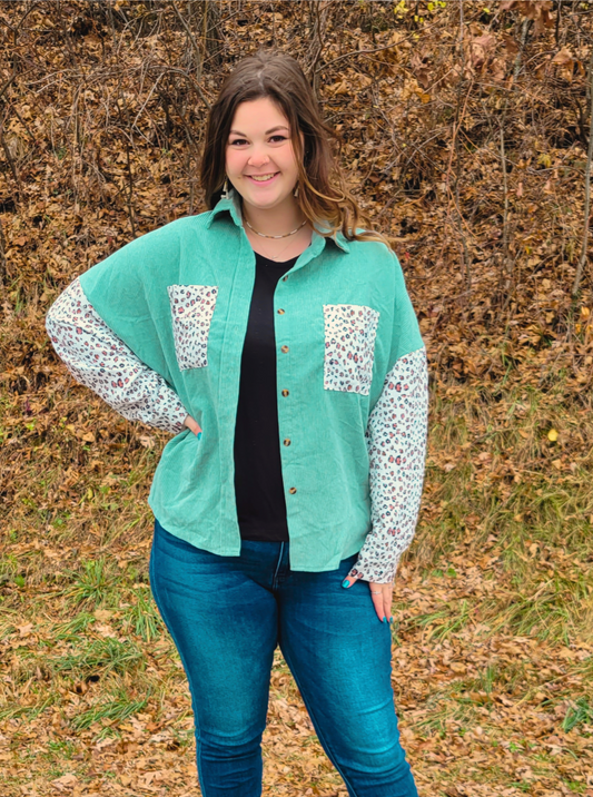 Mint Corduroy Shacket With Leopard Print Accents