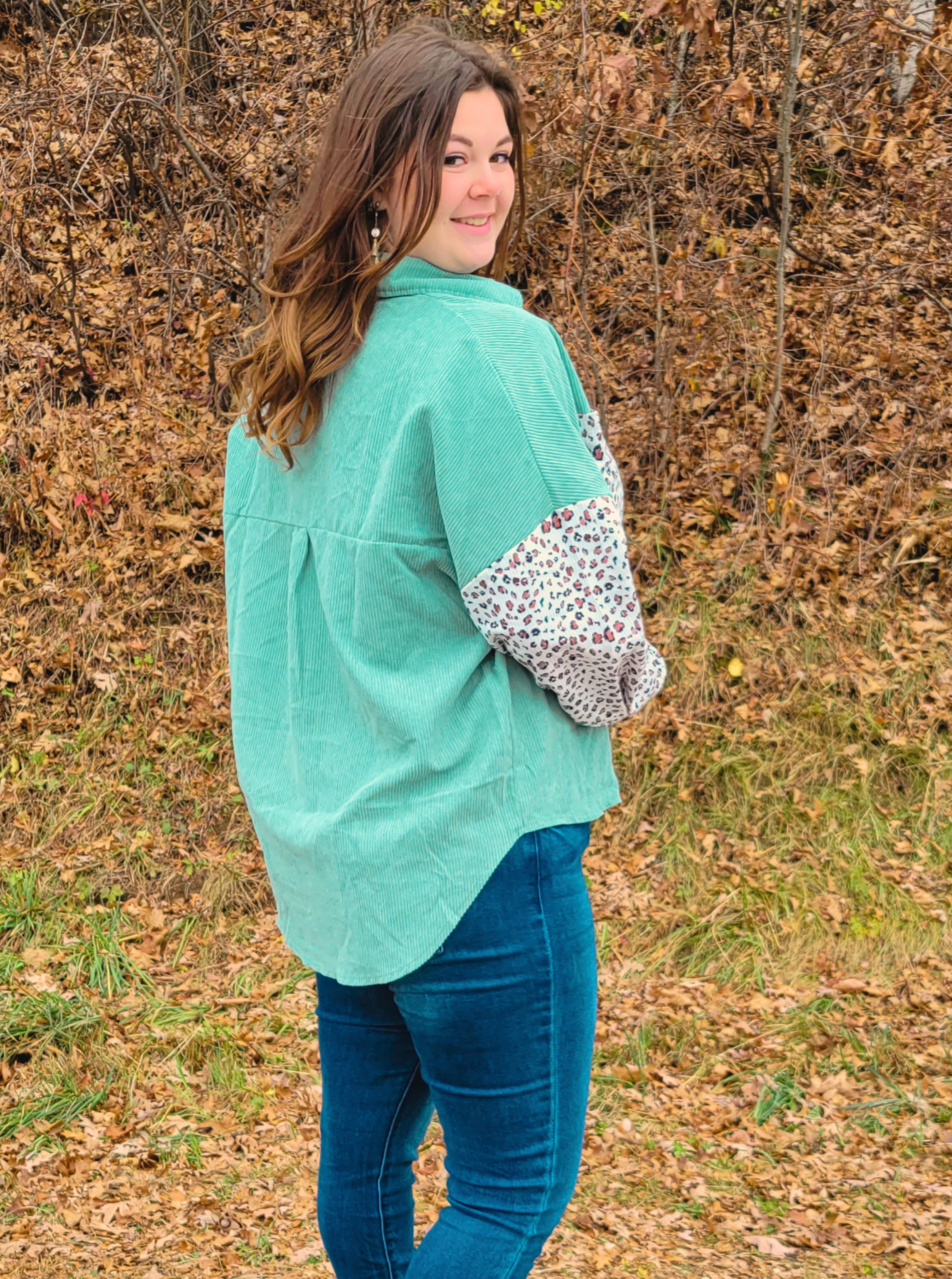 Mint Corduroy Shacket With Leopard Print Accents